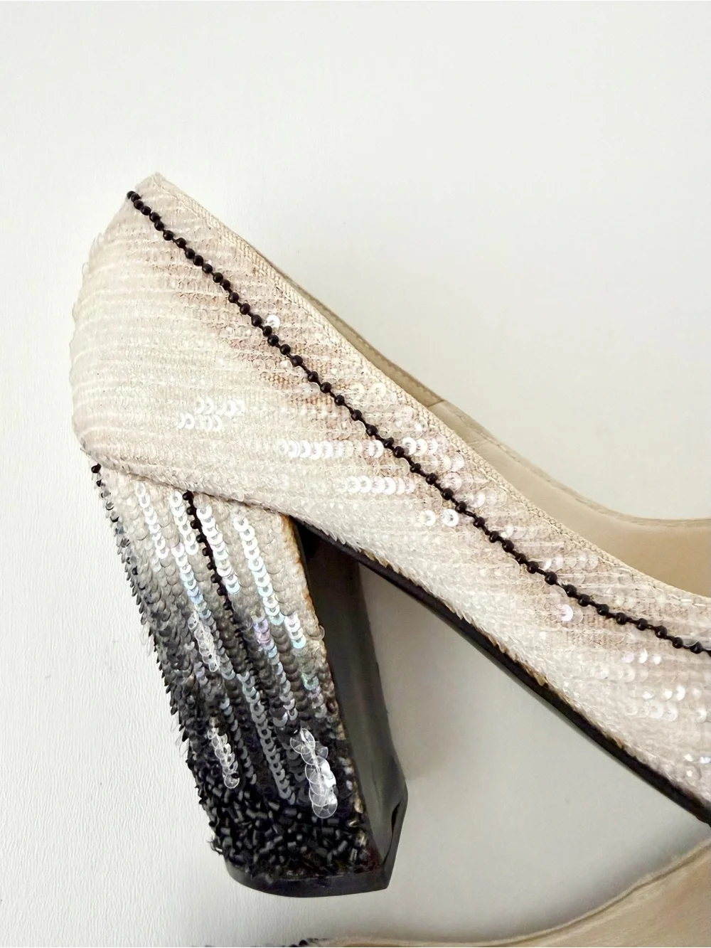 CHANEL | Vintage Sequin Embellished Pumps Black Ivory Gradient Heels 2009 EU 39